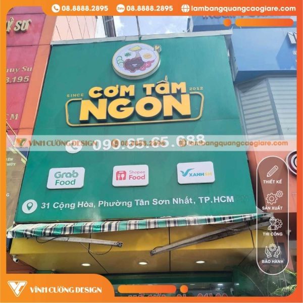 Giới thiệu bảng hiệu Alu chữ Mica nổi hông Formex tiệm Cơm Tấm Ngon