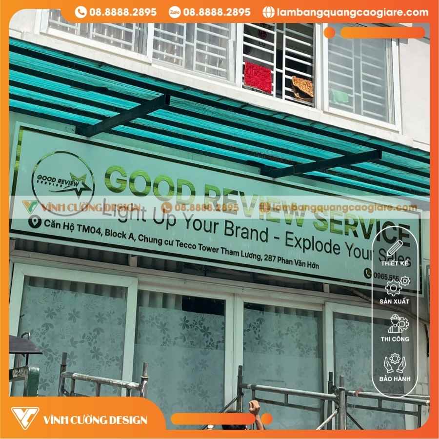 Làm Bảng Hiệu Alu Chữ Nổi Mica Cắt Dán Cho Good Review Service Tại Chung Cư Tecco Tower