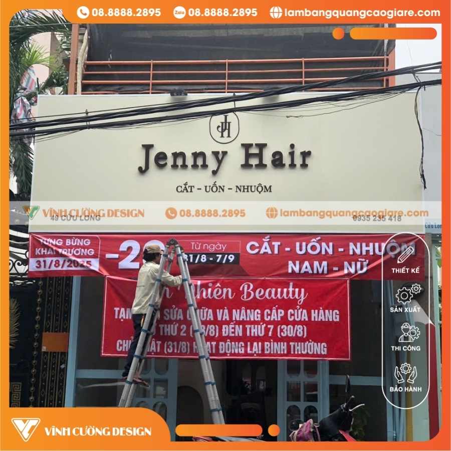 Làm Bảng Hiệu Mặt Tiền Nền Alu Chữ Nổi Mica Hông Formex Cho SALON JENNY HAIR TPHCM