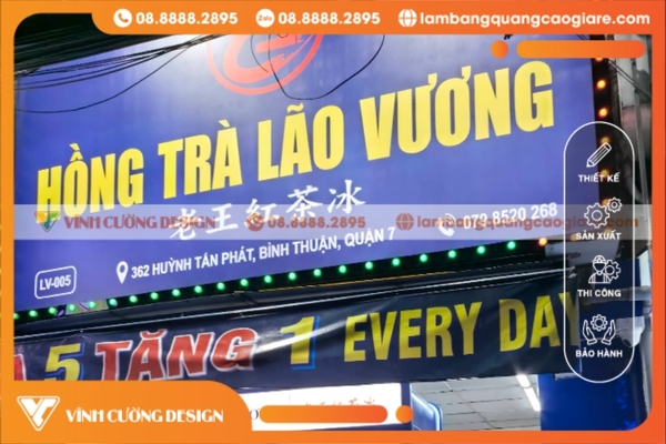 Thi công bảng hiệu giá rẻ in bạt hồng trà lão vương