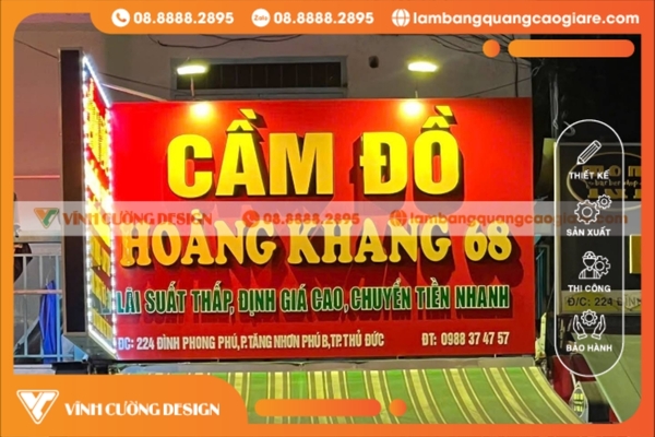 bảng hiệu cầm đồ đẹp tông màu đỏ,vàng tượng trưng cho tài lộc