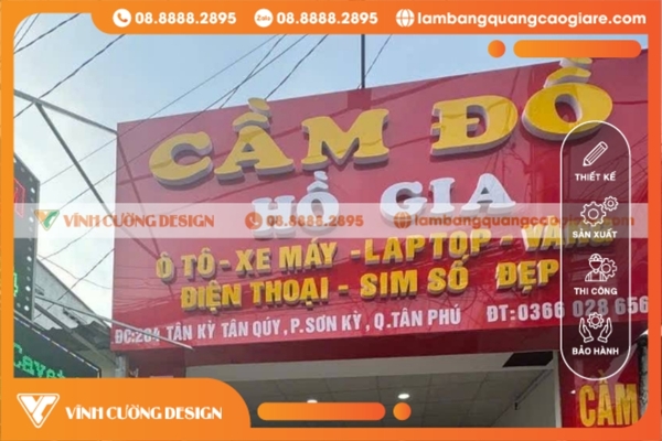 bảng hiệu cầm đồ nền alu bóng chữ nổi mica đơn giản