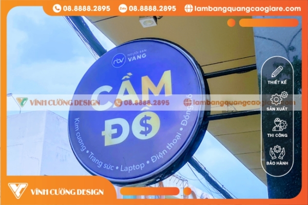 bảng hiệu hộp đèn cầm đồ tròn treo ngoài trời nổi bật