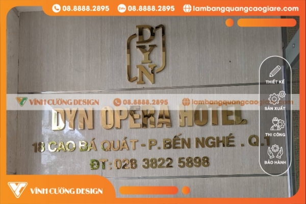 Làm logo bảng hiệu Inox vàng gương cho khách sạn quận 1 cao cấp, sang trọng