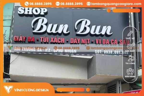 Dịch vụ làm bảng hiệu chữ nổi uy tín giá rẻ TPHCM 12 Mẫu bảng hiệu alu chữ nổi shop bunbun bán đồ da đẹp mắt