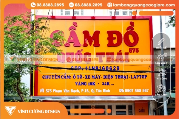 thiết kế biển hiệu cầm đồ alu chữ mica tông màu vàng đỏ phong đỏ
